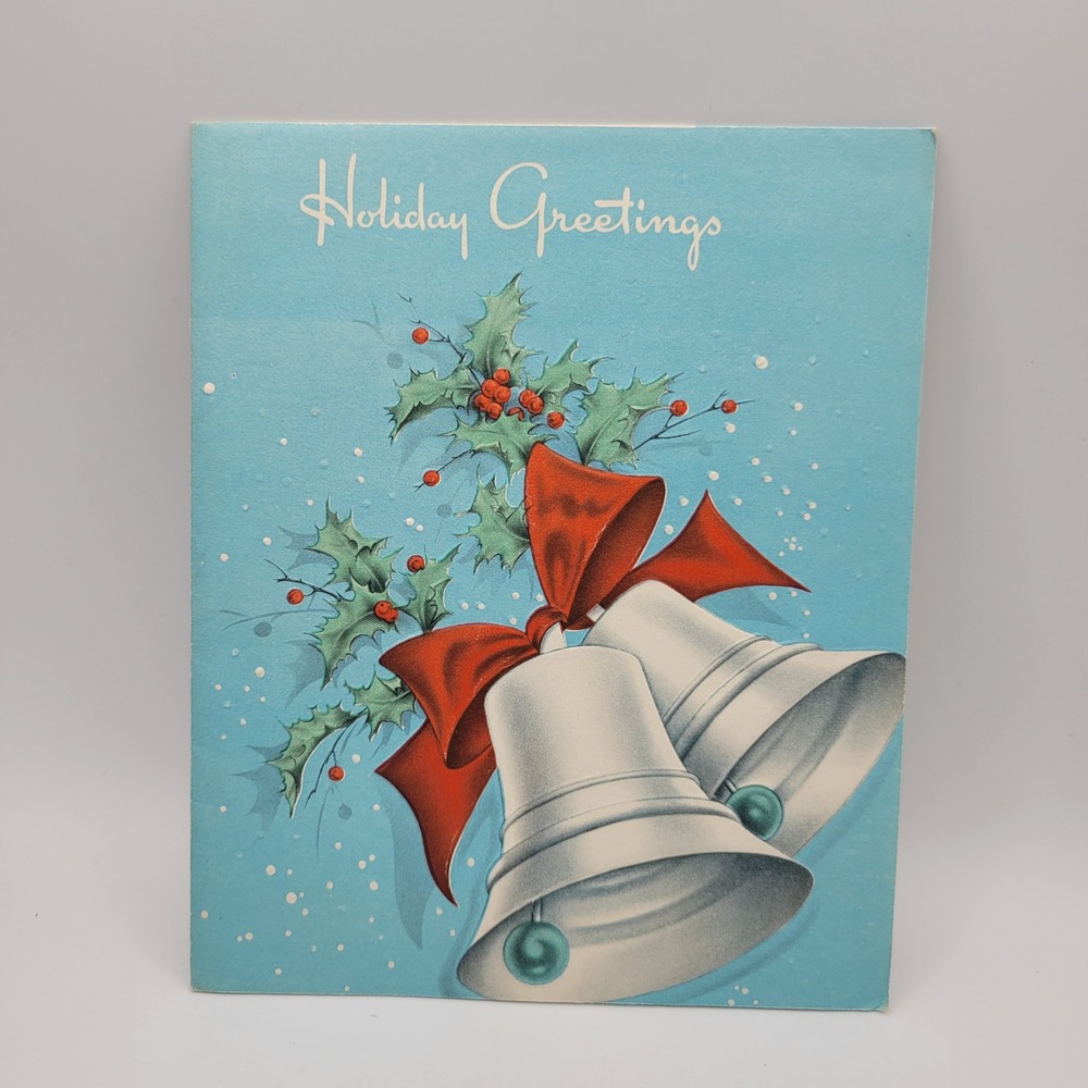 Vintage Holiday Greetings Christmas Card Bells‎ Bow Holly Signed 1950s